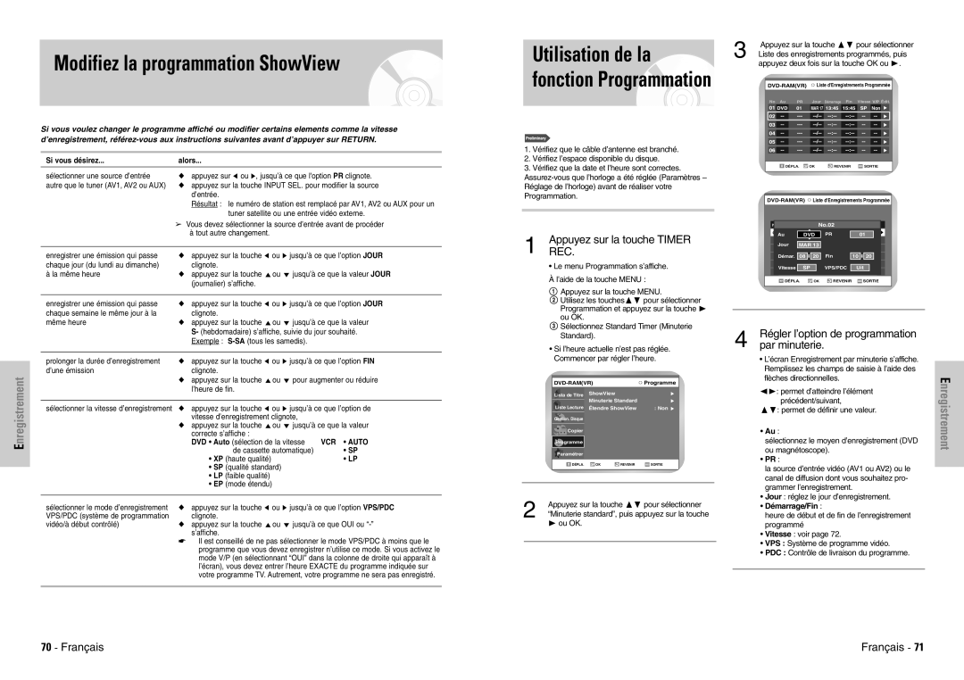 Samsung DVD-VR300E/XEF manual Modifiez la programmation ShowView, Utilisation de la fonction Programmation, Par minuterie 