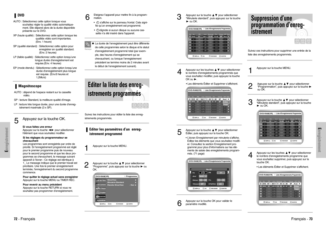 Samsung DVD-VR300E/XEF manual Suppression d’une programmation d’enreg- istrement, Magnétoscope, Appuyez sur la touche OK 