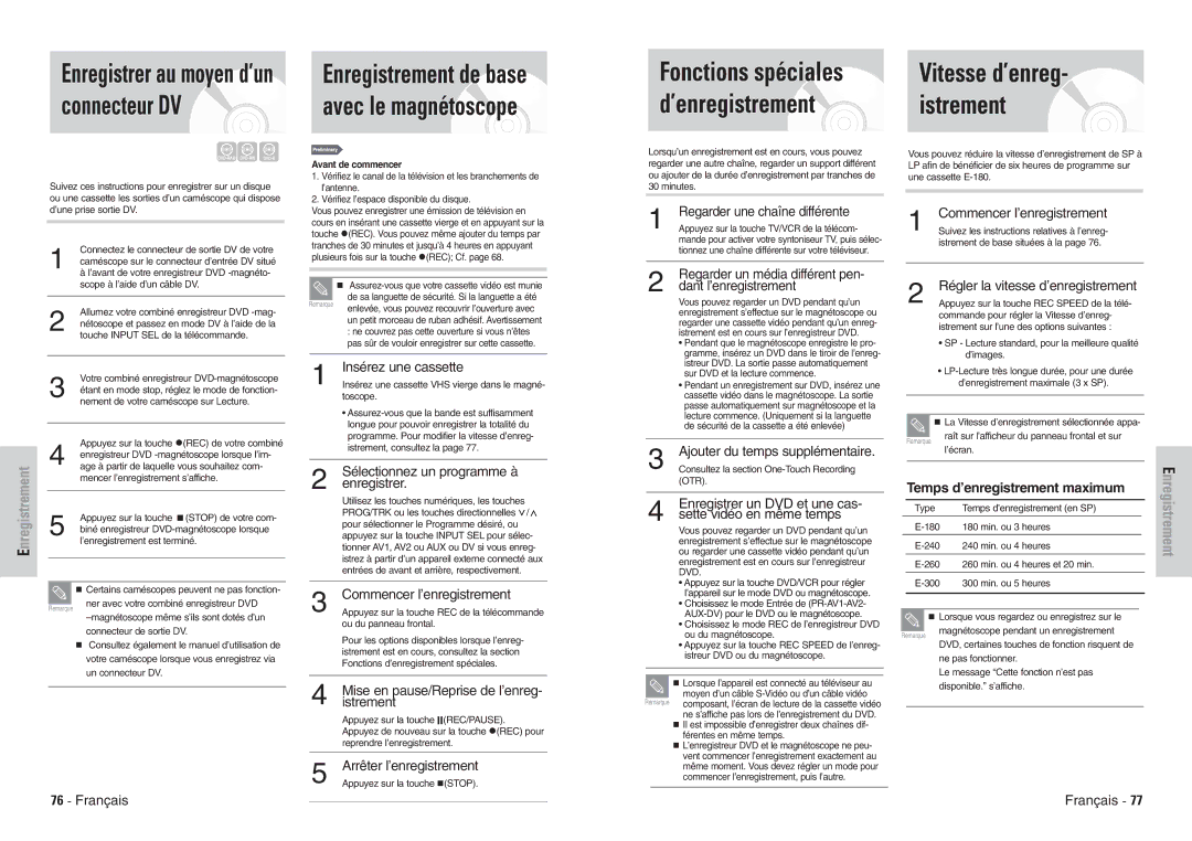 Samsung DVD-VR300E/XEF manual Vitesse d’enreg, ’enregistrement Istrement 