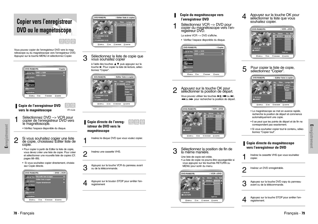 Samsung DVD-VR300E/XEF manual Copie du magnétoscope vers, ’enregistreur DVD, Vers le magnétoscope 