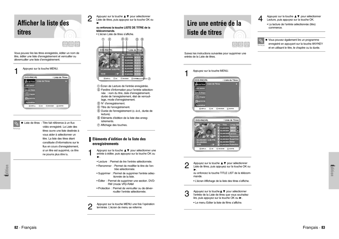 Samsung DVD-VR300E/XEF manual Afficher la liste des titres, Édition, Eléments d’édition de la liste des enregistrements 