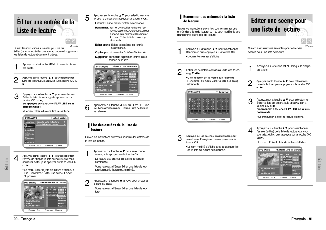 Samsung DVD-VR300E/XEF manual Éditer une entrée de la Liste de lecture, Editer une scène pour une liste de lecture 