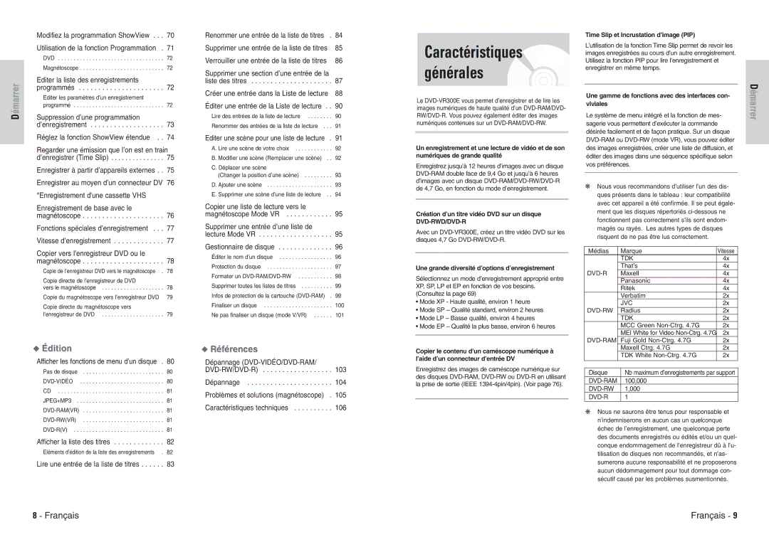 Samsung DVD-VR300E/XEF manual Caractéristiques Générales, Création d’un titre vidéo DVD sur un disque DVD-RWD/DVD-R 