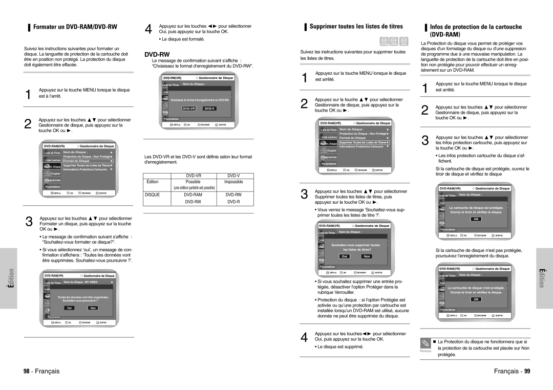 Samsung DVD-VR300E/XEF manual Formater un DVD-RAM/DVD-RW, Supprimer toutes les listes de titres, Touche OK ou ❿, Disque 