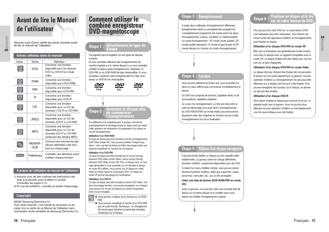 Samsung DVD-VR300E/XEF manual Comment utiliser le combiné enregistreur DVD-magnétoscope, Utilisation d’un DVD-RAM 