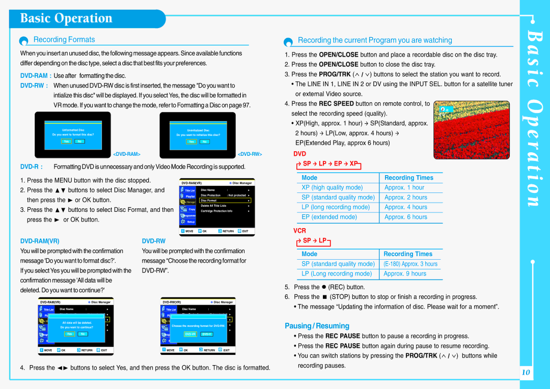 Samsung DVD-VR300E/XEV manual Basic Operation, Recording Formats, Recording the current Program you are watching 