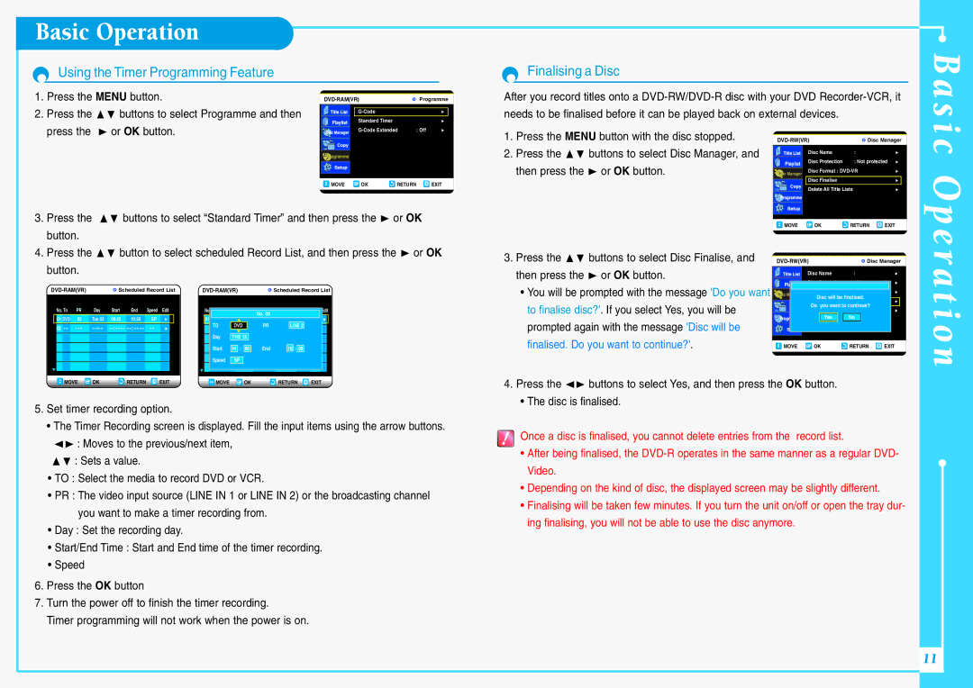 Samsung DVD-VR300E/XEV Using the Timer Programming Feature, Finalising a Disc, Press the ❷ buttons to select Disc Finalise 