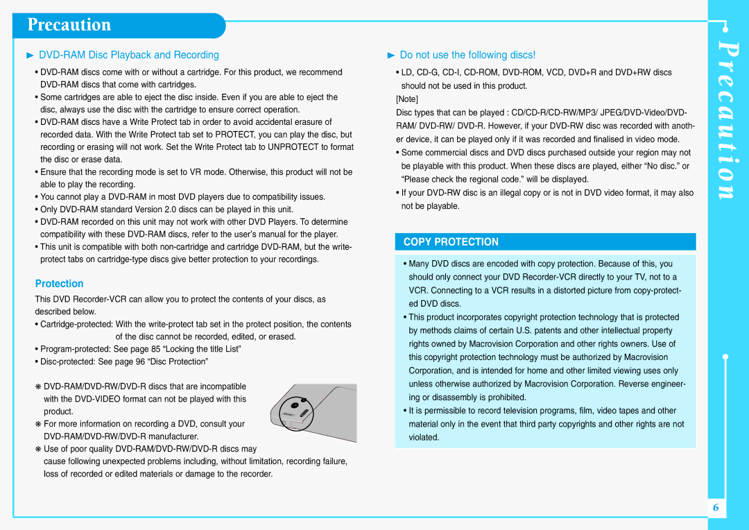 Samsung DVD-VR300E/XEV manual ❿ DVD-RAM Disc Playback and Recording, Protection, ❿ Do not use the following discs 