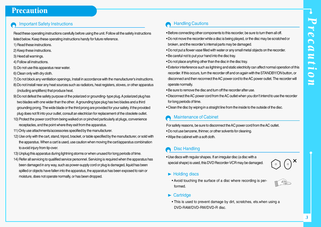 Samsung DVD-VR300E/XEV manual Precaution 