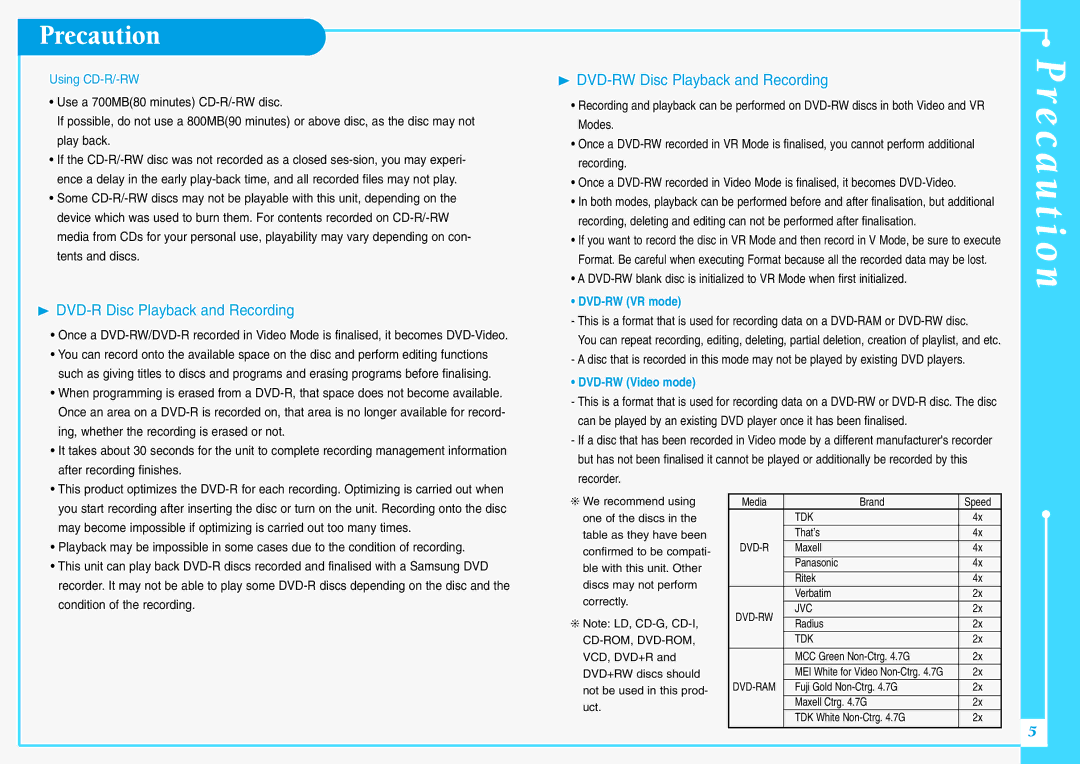 Samsung DVD-VR300E/XEV manual ❿ DVD-R Disc Playback and Recording, ❿ DVD-RW Disc Playback and Recording, DVD-RW VR mode 