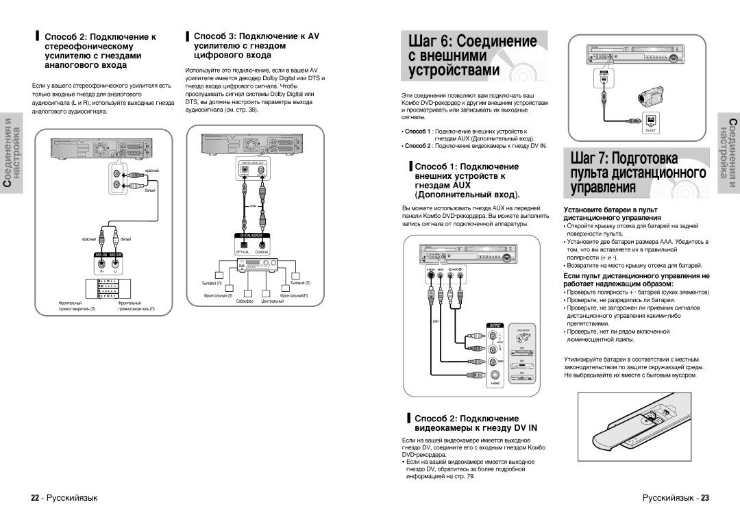 Samsung DVD-VR300E/XEV manual ‡„ 6 ëÓÂ‰ËÌÂÌËÂ, ËÔÓÒÓ· 2 èÓ‰ÍÎ˛˜ÂÌËÂ ‚Ë‰ÂÓÍ‡ÏÂ˚ Í „ÌÂÁ‰Û DV, 22 êÛÒÒÍËÈﬂÁ˚Í 