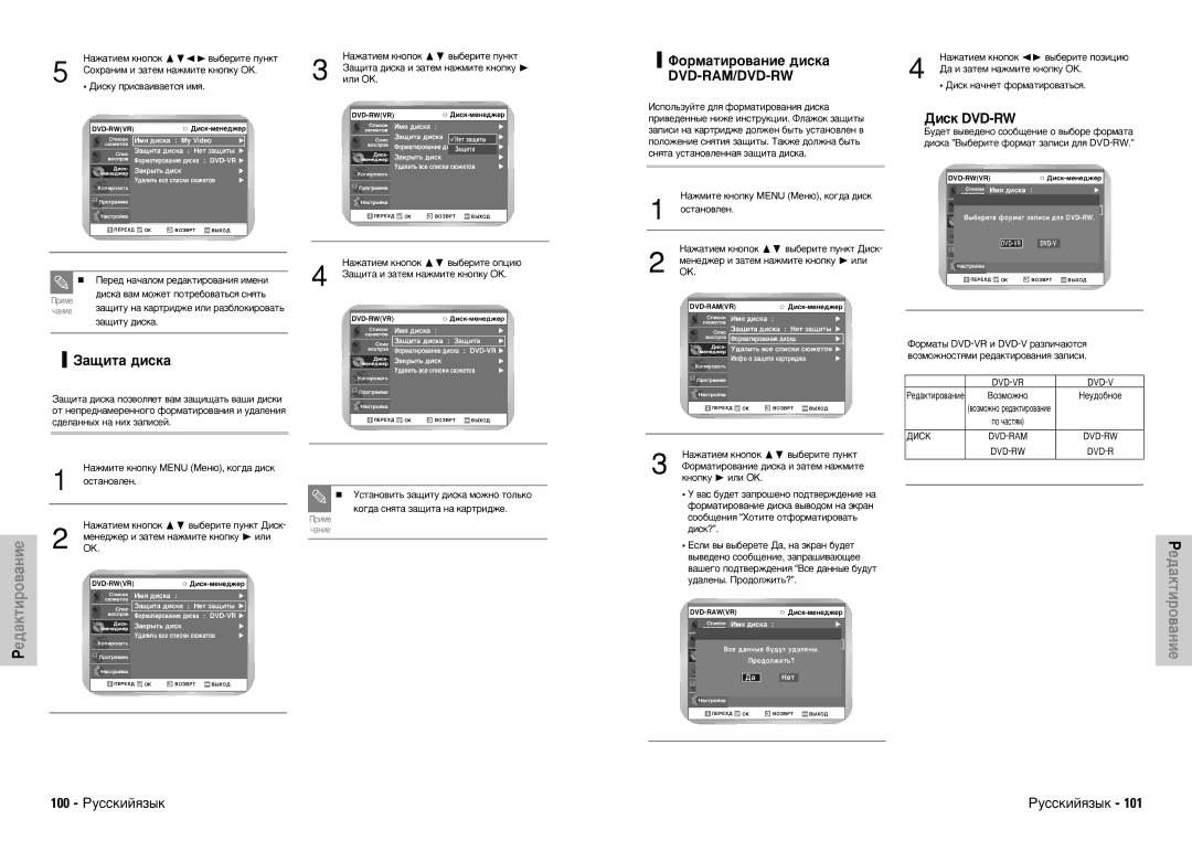 Samsung DVD-VR300E/XEV manual ‡˘Ëú‡ ‰Ëòí‡, Îóï‡Úëó‚‡Ìëâ ‰Ëòí‡ Dvd-Ram/Dvd-Rw, Ñëòí DVD-RW, 100 êÛÒÒÍËÈﬂÁ˚Í 