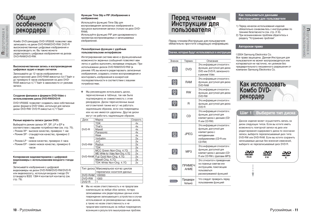 Samsung DVD-VR300E/XEV manual ·˘Ëâ, Óòó·Âììóòúë, Âíó‰Â‡, ÈÂÂ‰ ˜ÚÂÌËÂÏ àÌÒÚÛÍˆËË ‰Îﬂ ÔÓÎ¸ÁÓ‚‡ÚÂÎﬂ, 10 êÛÒÒÍËÈﬂÁ˚Í 