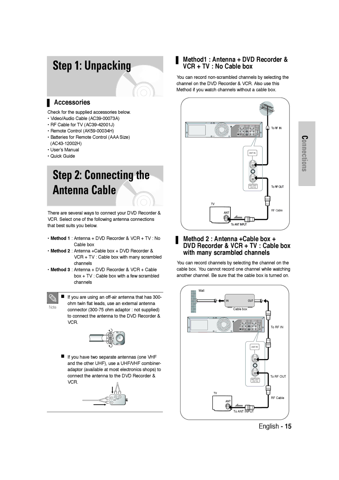 Samsung DVD-VR320 instruction manual Unpacking, Accessories, Method1 Antenna + DVD Recorder VCR + TV No Cable box 