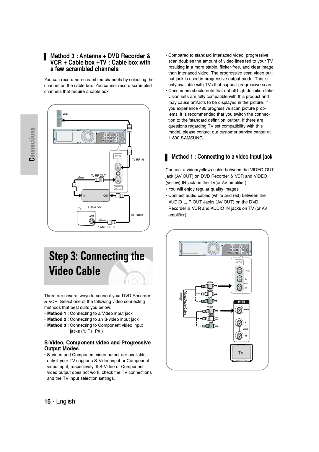 Samsung DVD-VR320 instruction manual Connecting the Video Cable, Video, Component video and Progressive Output Modes 