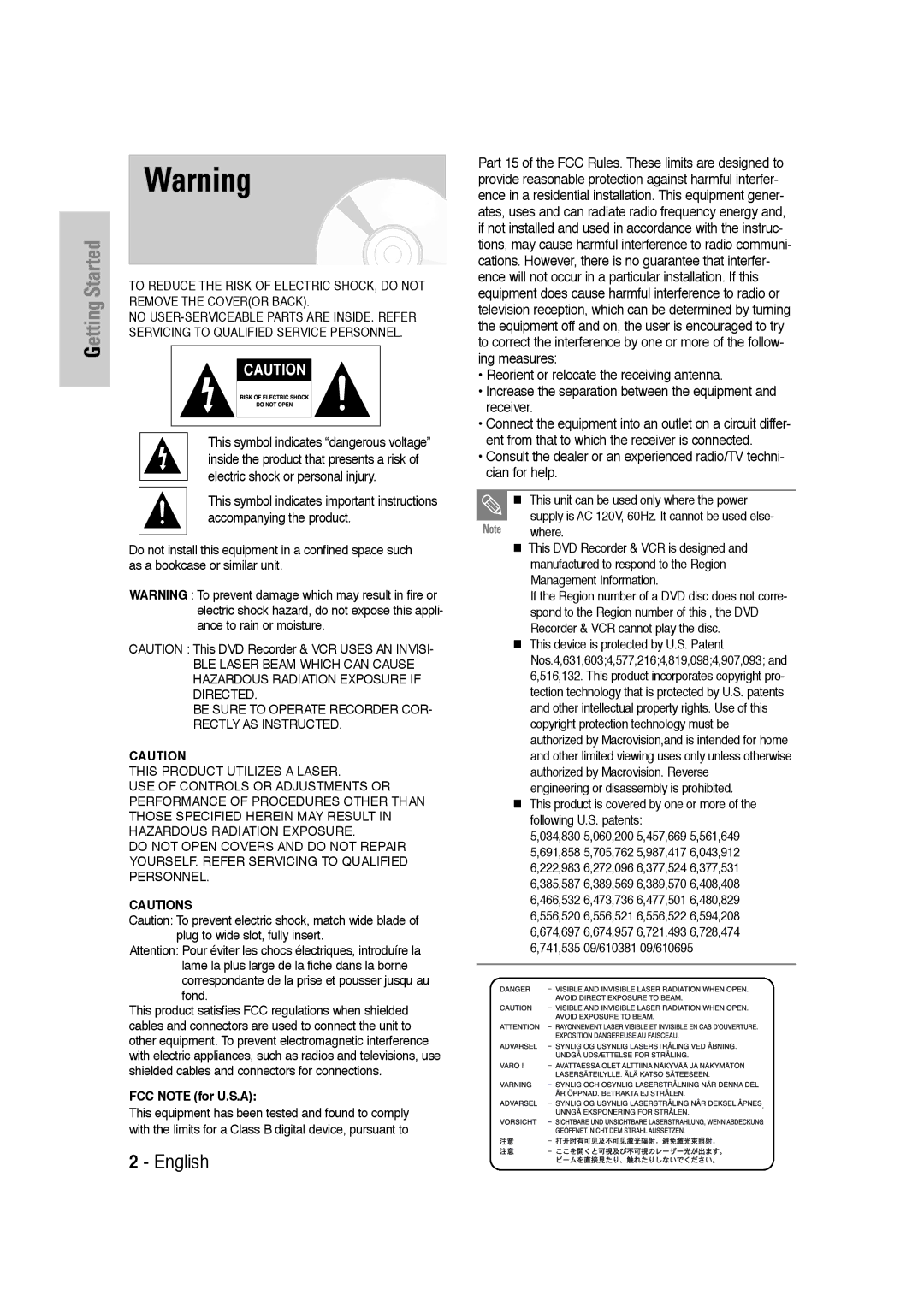 Samsung DVD-VR320 instruction manual Getting Started, FCC Note for U.S.A 