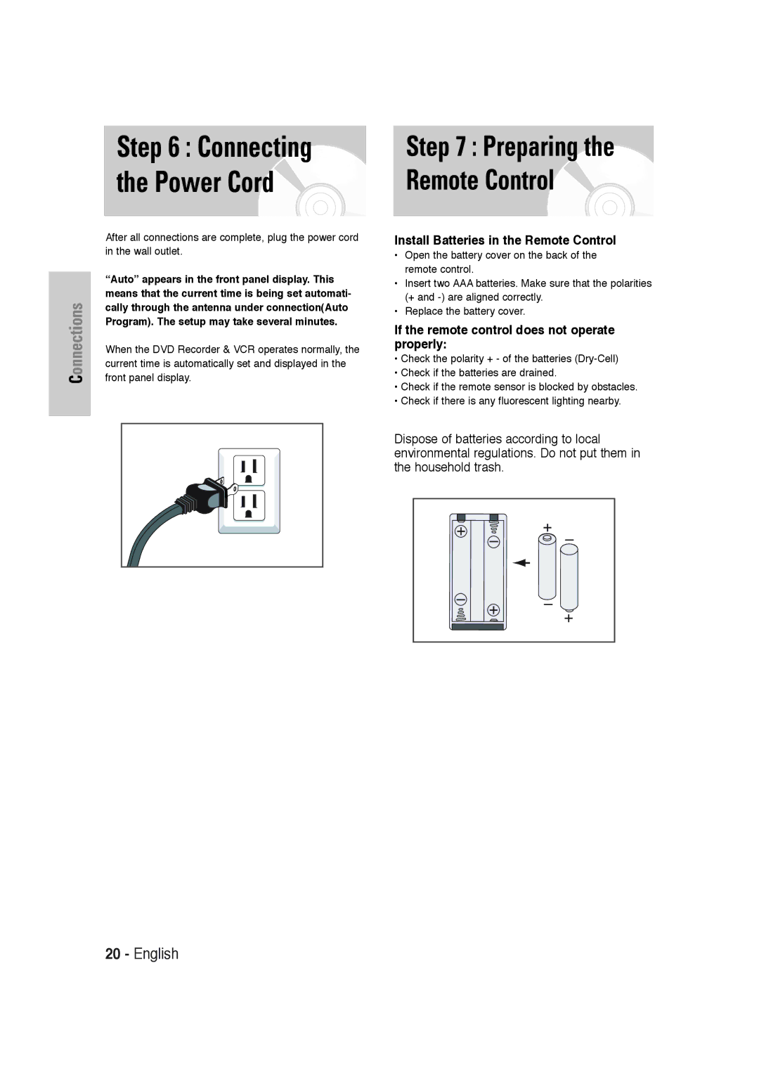 Samsung DVD-VR320 Install Batteries in the Remote Control, If the remote control does not operate properly 