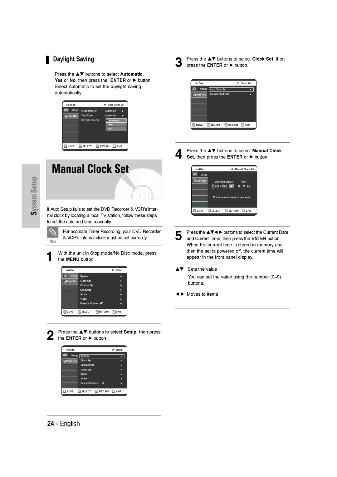 Samsung DVD-VR320 instruction manual Manual Clock Set, Daylight Saving, Press the …† buttons to select Manual Clock 