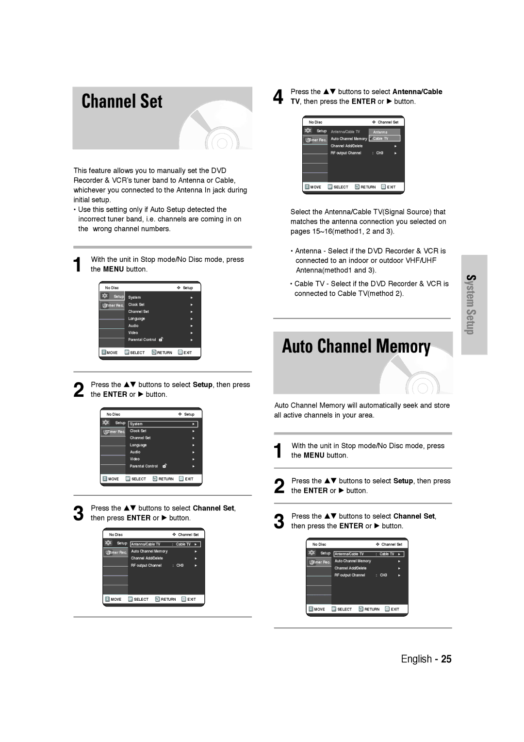 Samsung DVD-VR320 instruction manual Channel Set, Auto Channel Memory 