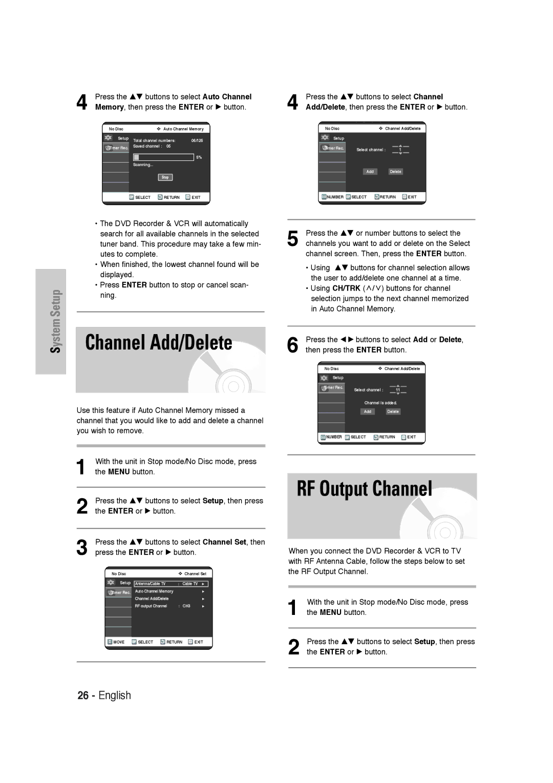 Samsung DVD-VR320 RF Output Channel, Press the …† buttons to select Channel, Add/Delete, then press the Enter or √ button 