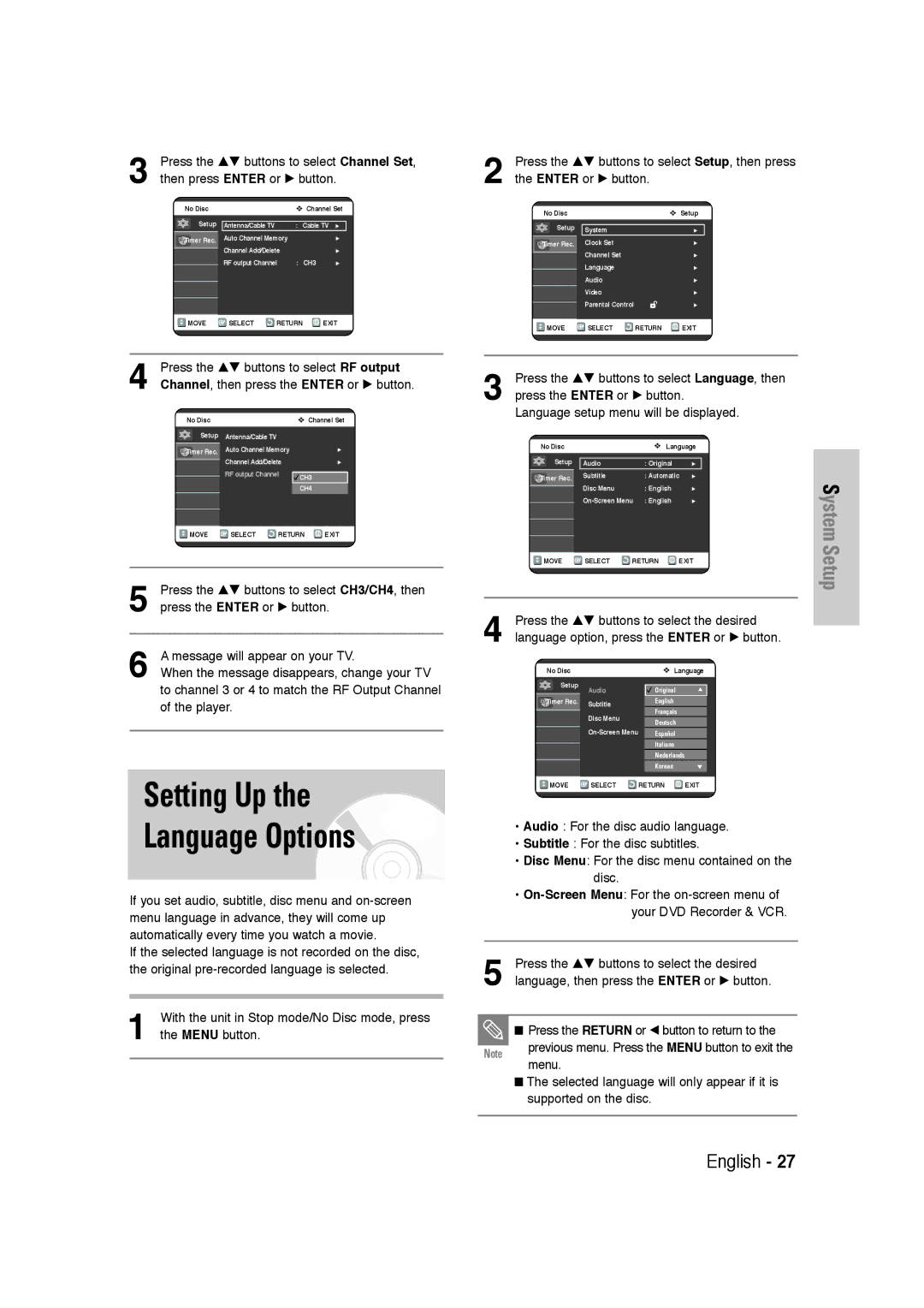 Samsung DVD-VR320 instruction manual Setting Up Language Options, Press the …† buttons to select Language, then 