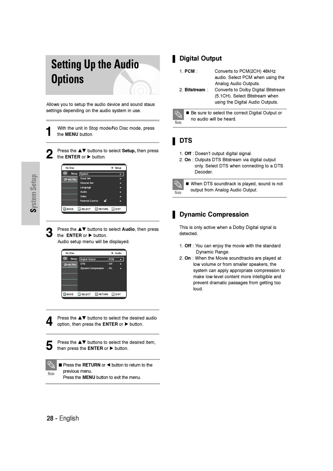 Samsung DVD-VR320 instruction manual Setting Up the Audio Options, Digital Output, Dynamic Compression 