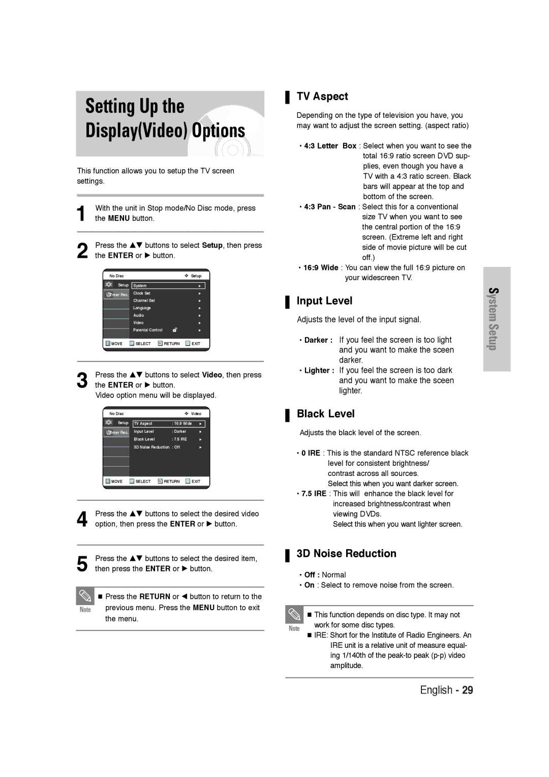 Samsung DVD-VR320 instruction manual TV Aspect, Input Level, Black Level, 3D Noise Reduction 