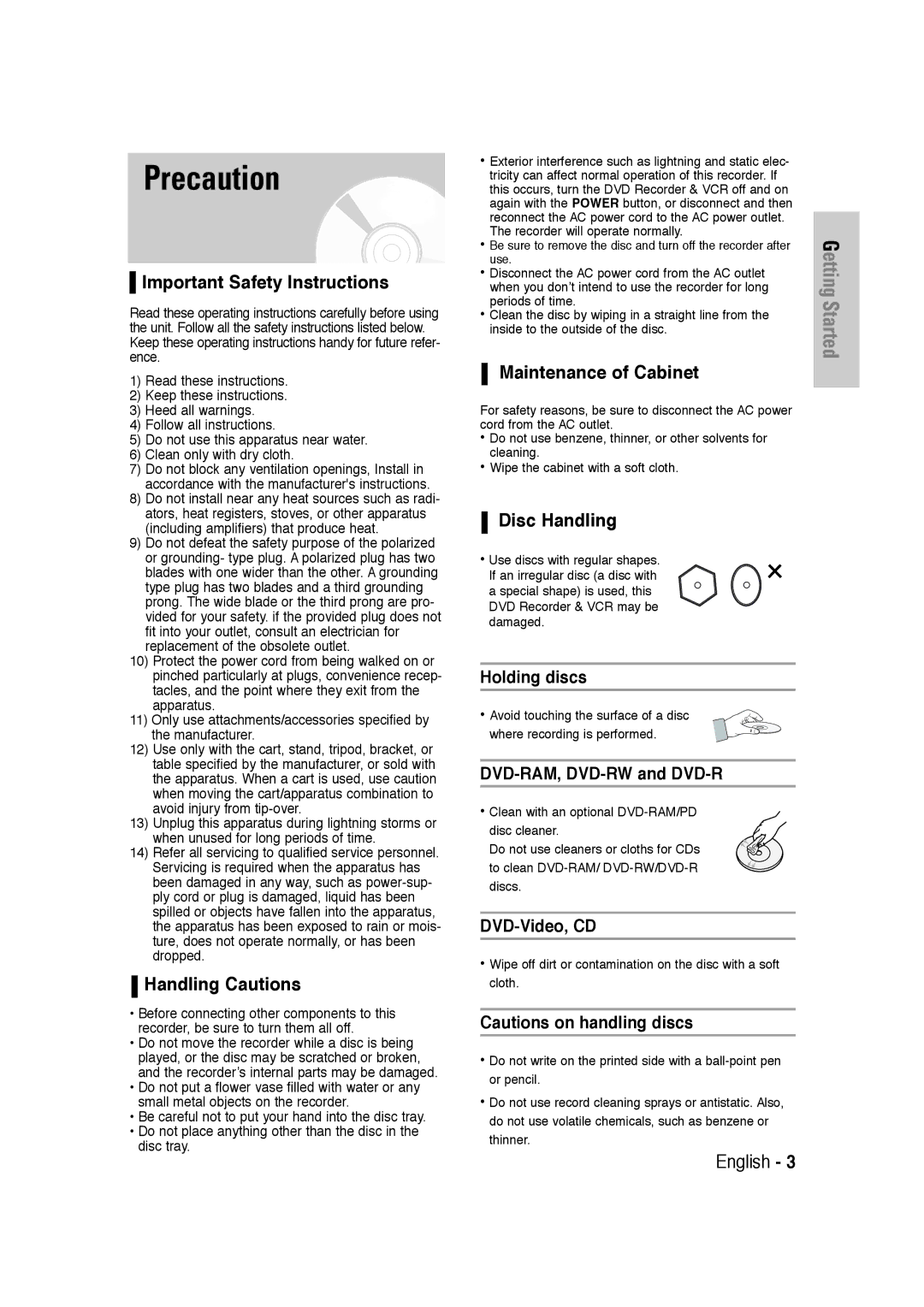 Samsung DVD-VR320 Precaution, Important Safety Instructions, Handling Cautions, Maintenance of Cabinet, Disc Handling 