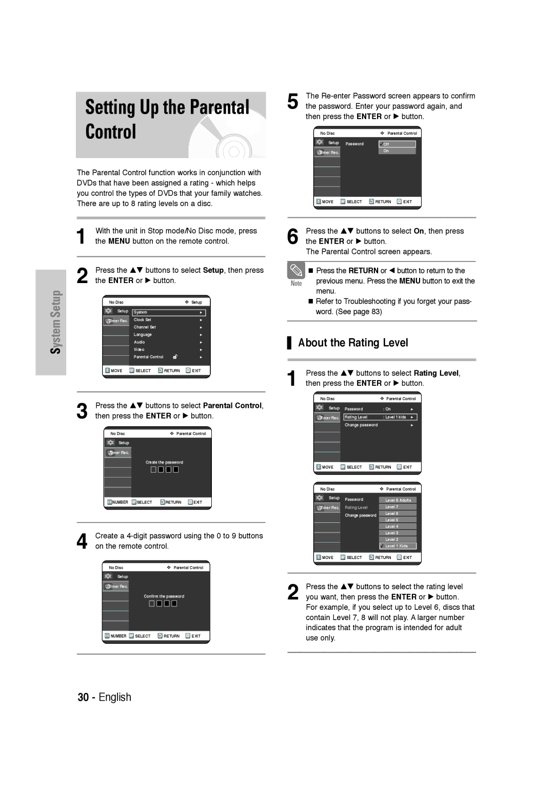 Samsung DVD-VR320 Setting Up the Parental Control, About the Rating Level, Password. Enter your password again 