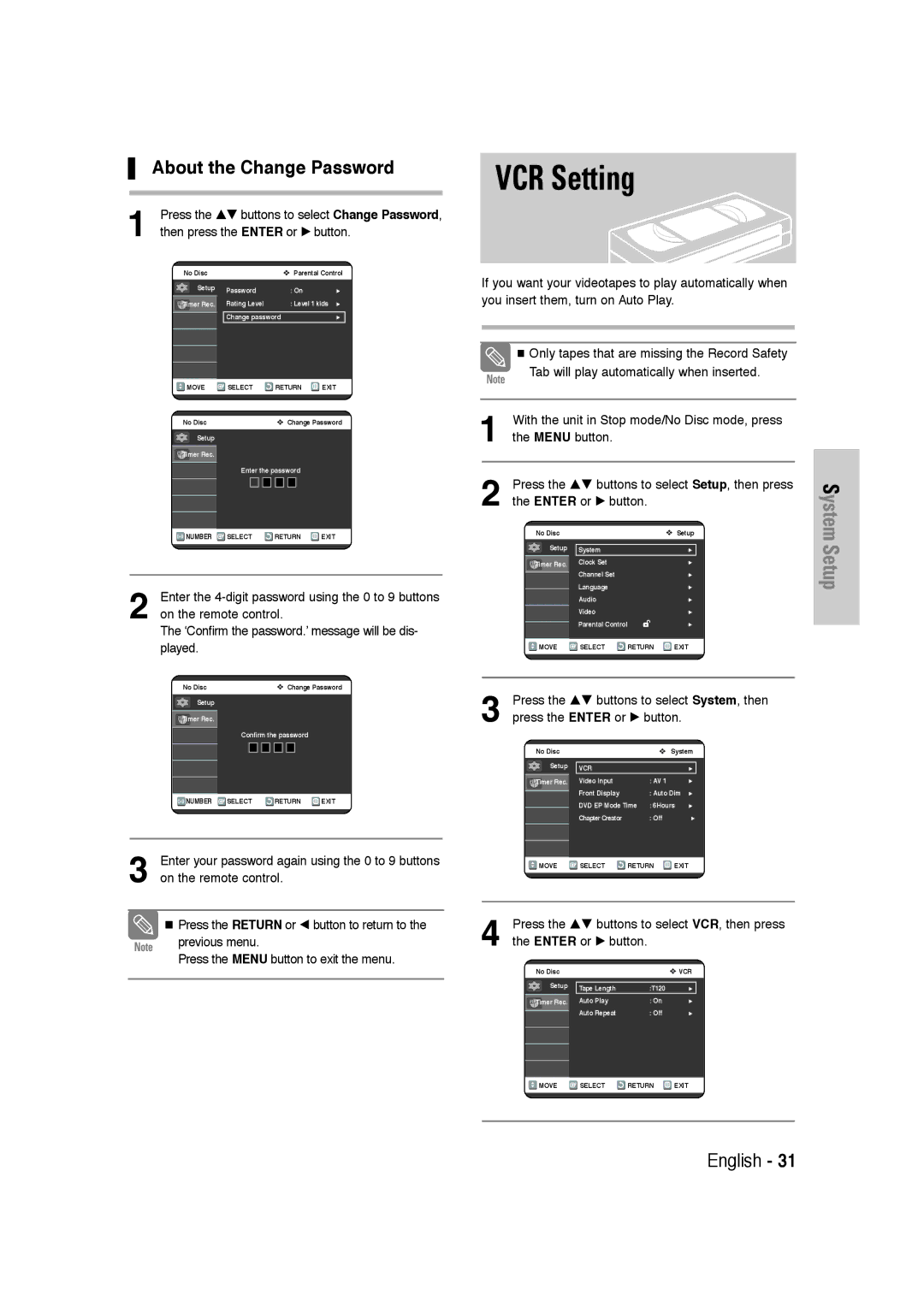 Samsung DVD-VR320 instruction manual VCR Setting, About the Change Password 