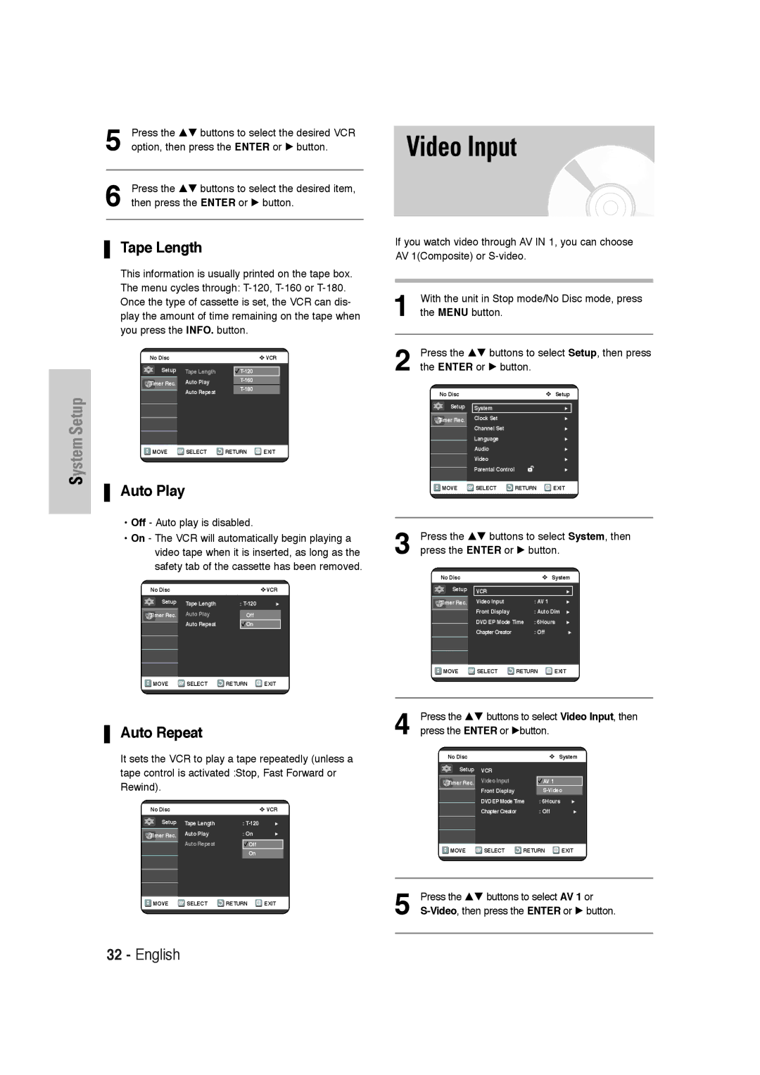 Samsung DVD-VR320 instruction manual Video Input, Tape Length, Auto Play, Auto Repeat 