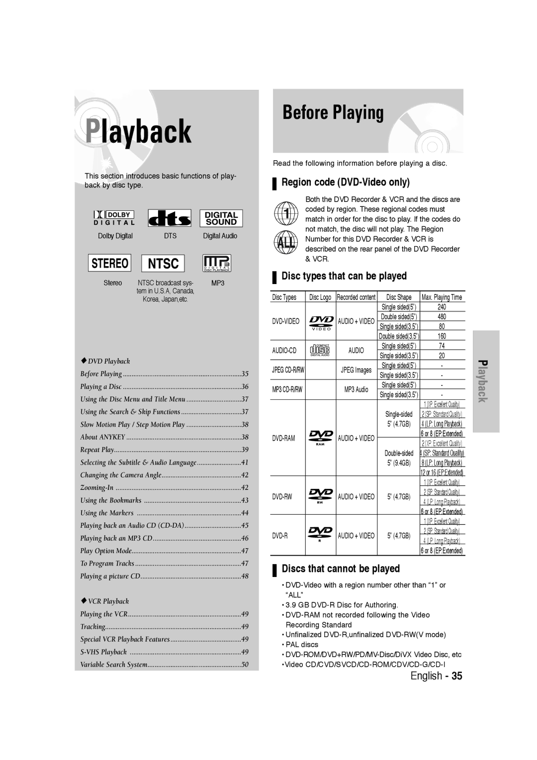 Samsung DVD-VR320 Before Playing, Region code DVD-Video only, Disc types that can be played, Discs that cannot be played 