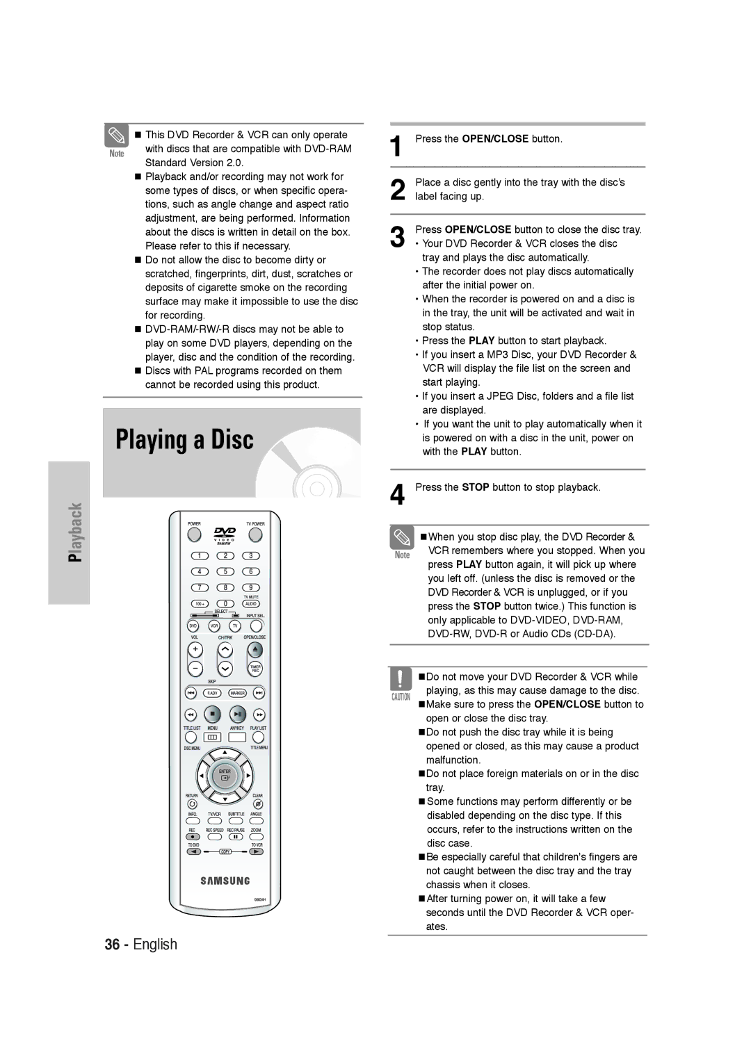 Samsung DVD-VR320 instruction manual Playing a Disc 