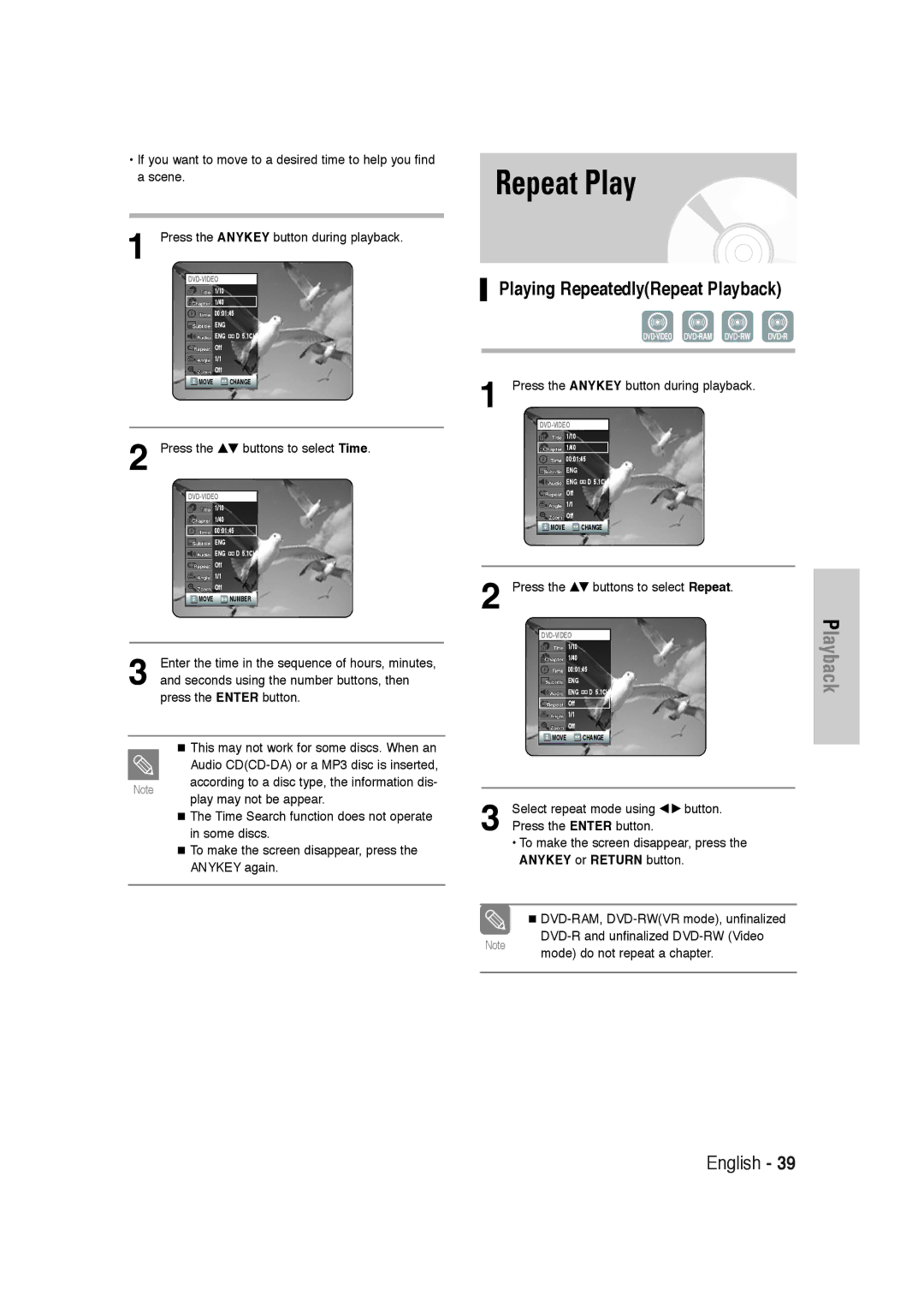 Samsung DVD-VR320 instruction manual Playing RepeatedlyRepeat Playback, Press the …† buttons to select Time 