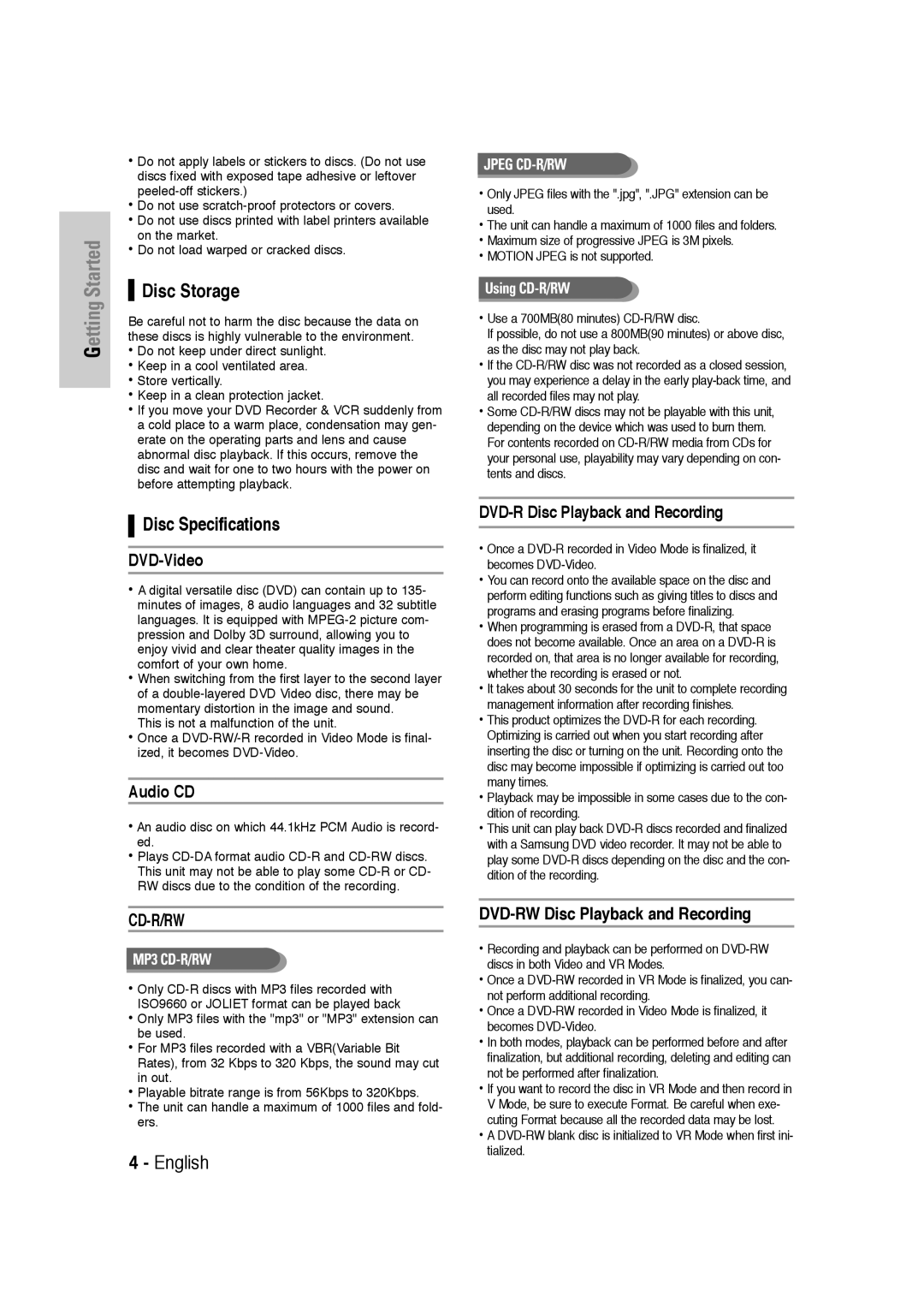 Samsung DVD-VR320 instruction manual Disc Storage, Disc Specifications 