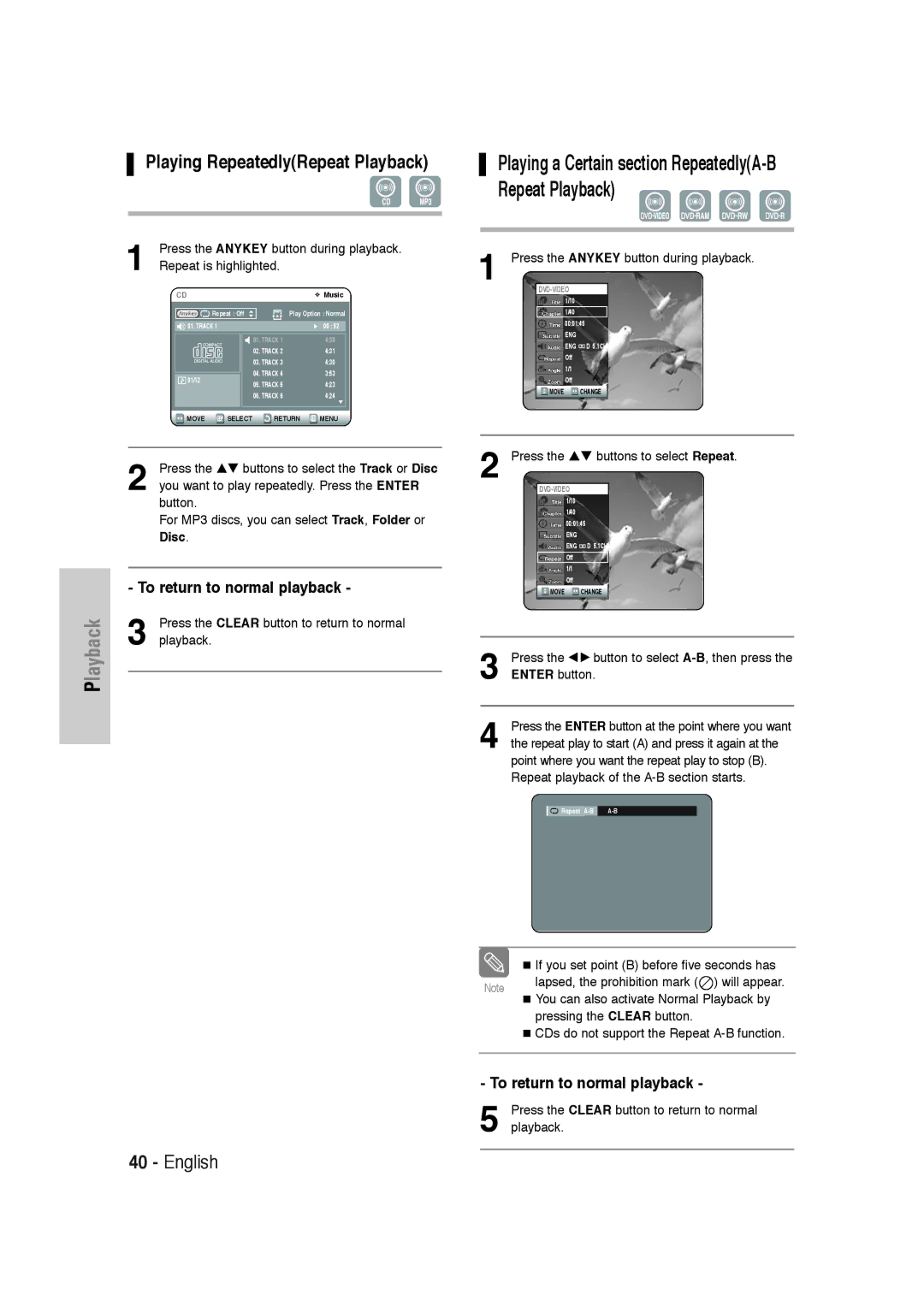 Samsung DVD-VR320 To return to normal playback, Press the Anykey button during playback, Repeat is highlighted, Disc 