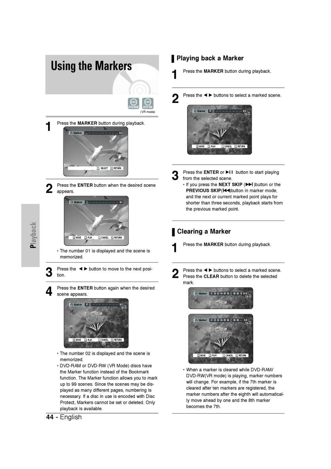 Samsung DVD-VR320 instruction manual Using the Markers, Playing back a Marker, Clearing a Marker 