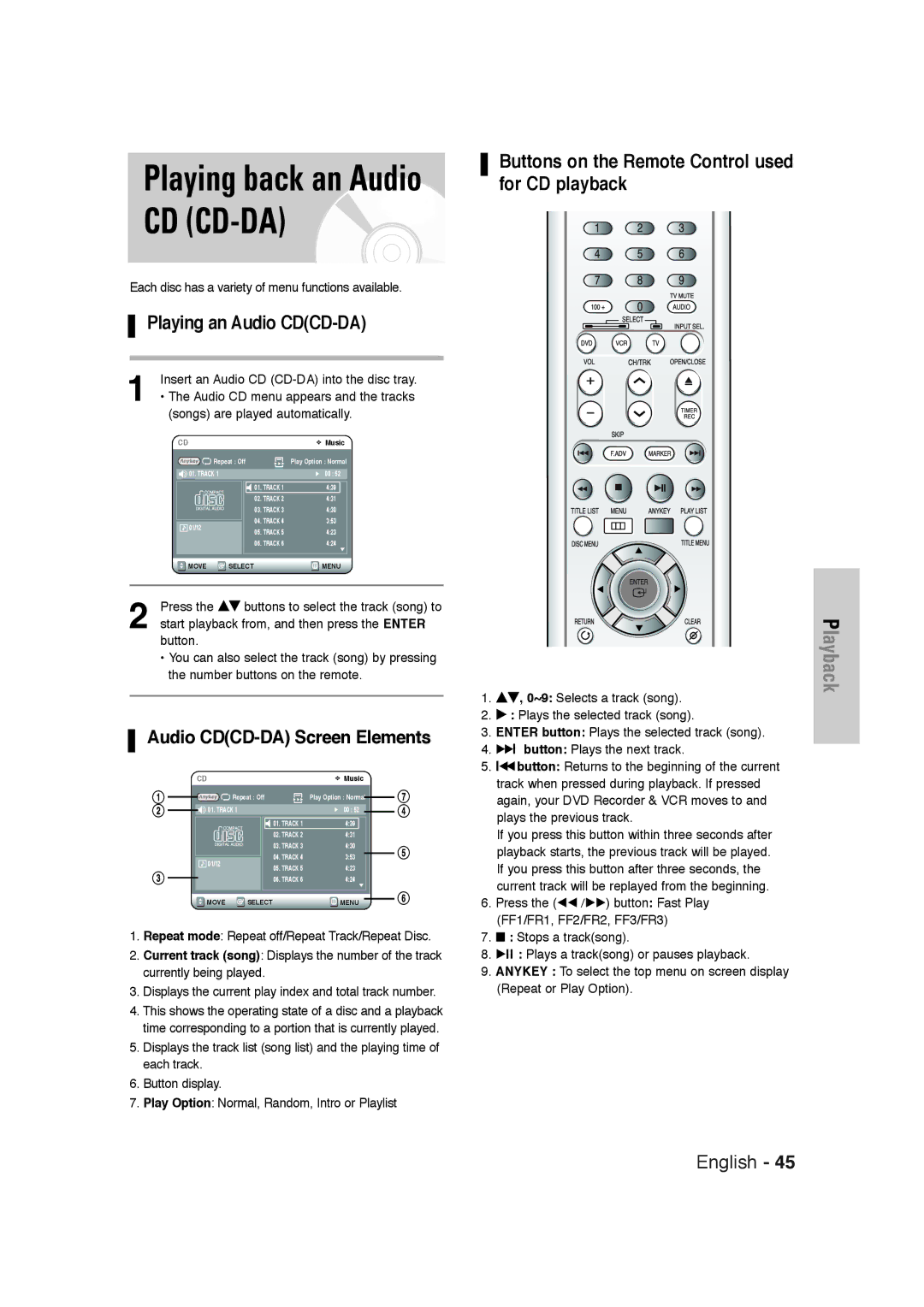 Samsung DVD-VR320 instruction manual Playing an Audio CDCD-DA, Audio CDCD-DA Screen Elements 