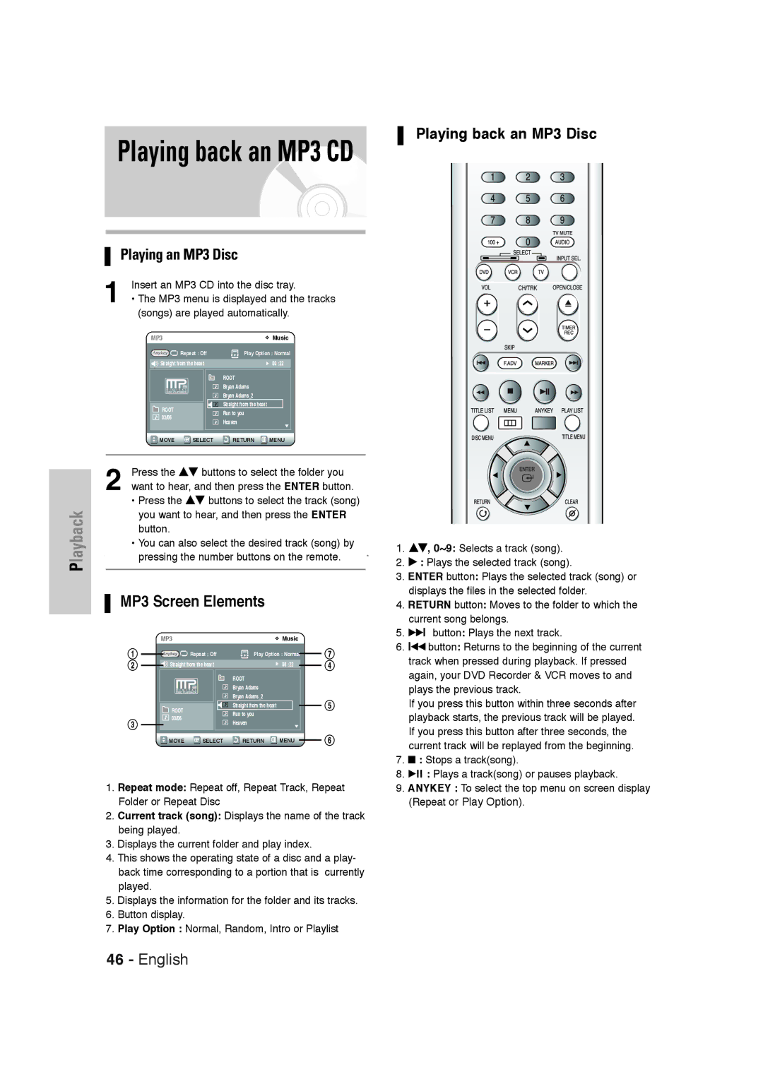 Samsung DVD-VR320 instruction manual MP3 Screen Elements, Playing back an MP3 Disc, Insert an MP3 CD into the disc tray 