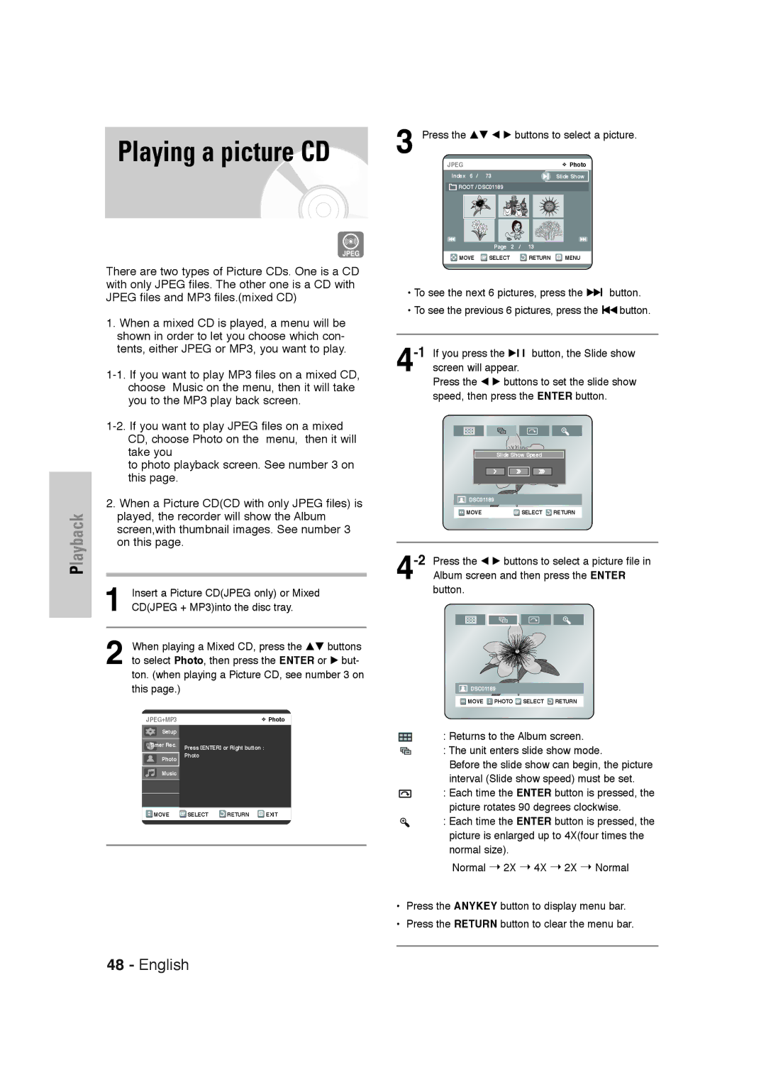 Samsung DVD-VR320 instruction manual Playing a picture CD, Press the …† œ √ buttons to select a picture 