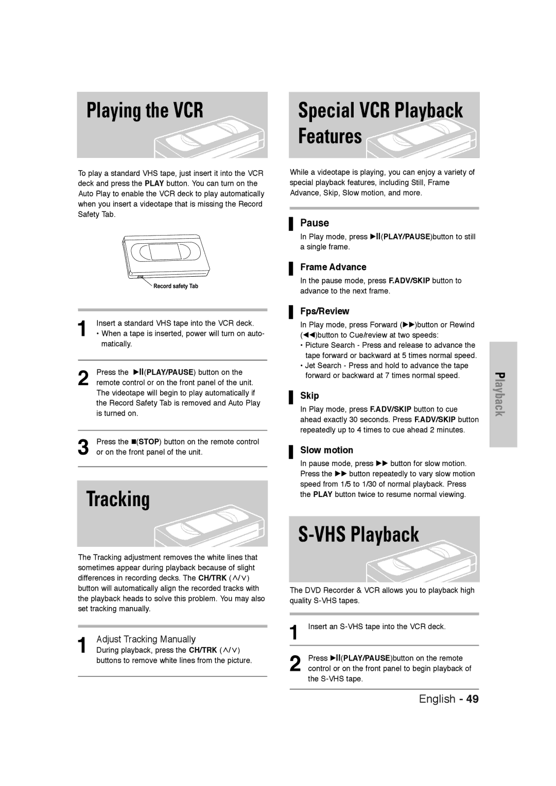 Samsung DVD-VR320 instruction manual Playing the VCR, Tracking, VHS Playback 