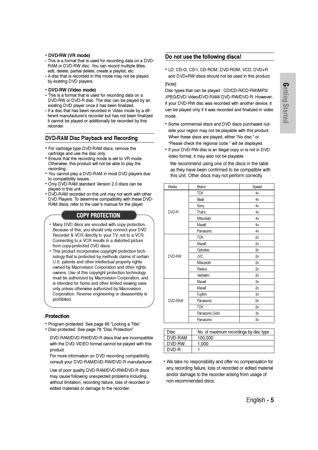 Samsung DVD-VR320 instruction manual Protection 