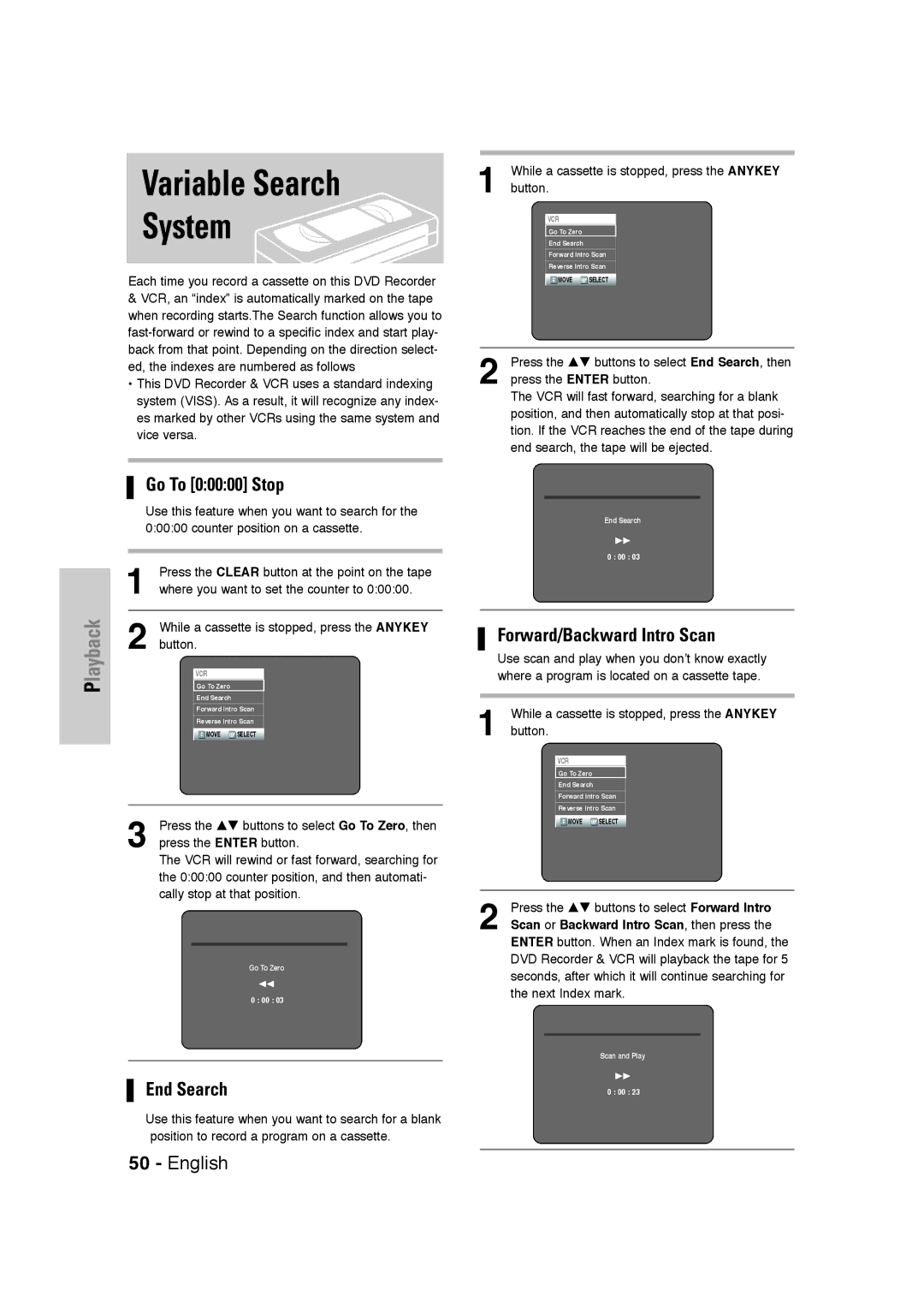 Samsung DVD-VR320 instruction manual Variable Search System, While a cassette is stopped, press the Anykey 