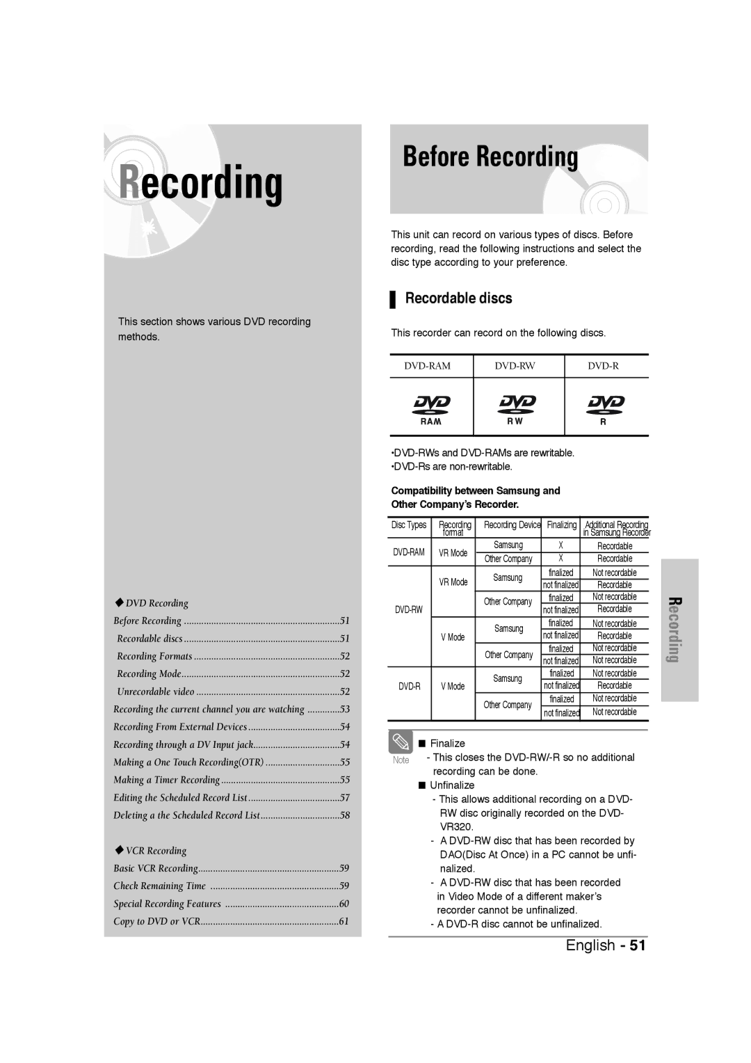 Samsung DVD-VR320 Before Recording, Recordable discs, Compatibility between Samsung Other Company’s Recorder 