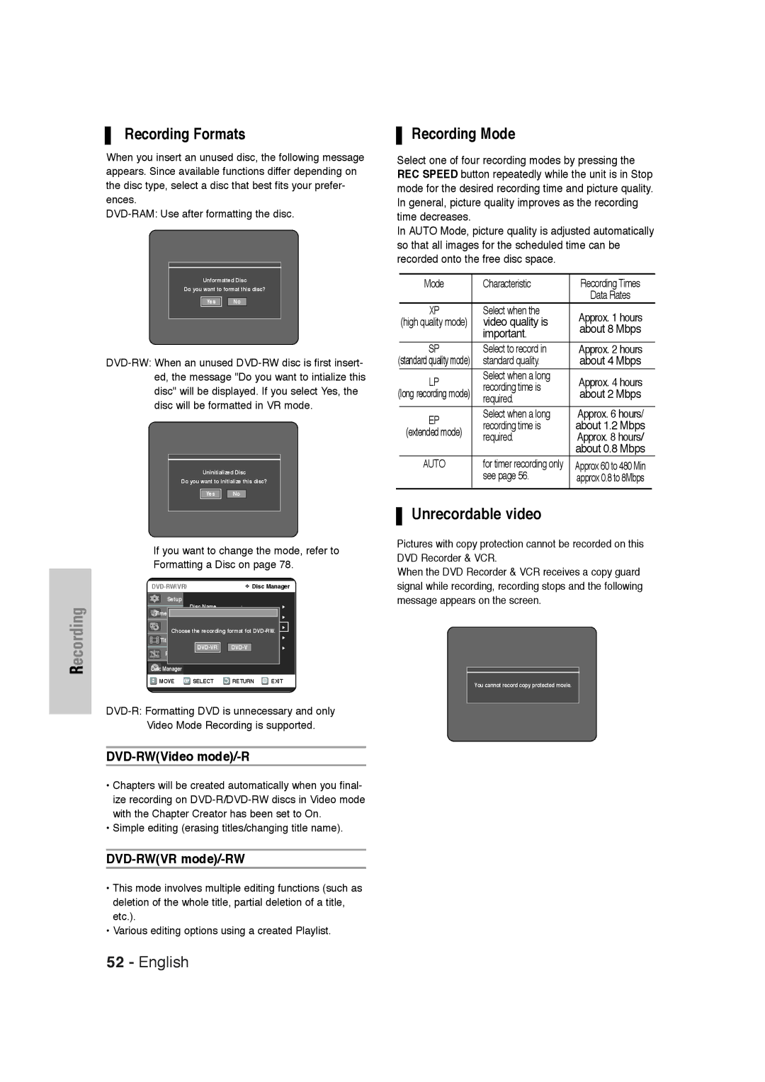 Samsung DVD-VR320 Recording Formats, Recording Mode, Unrecordable video, DVD-RWVideo mode/-R, DVD-RWVR mode/-RW 