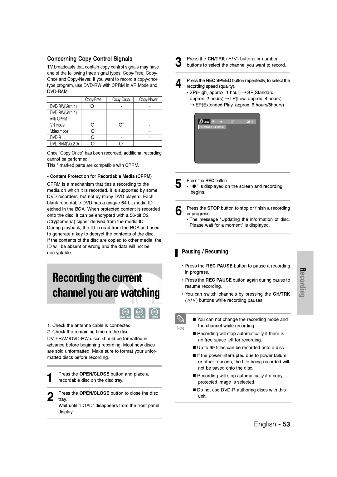 Samsung DVD-VR320 instruction manual Pausing / Resuming, Content Protection for Recordable Media Cprm 