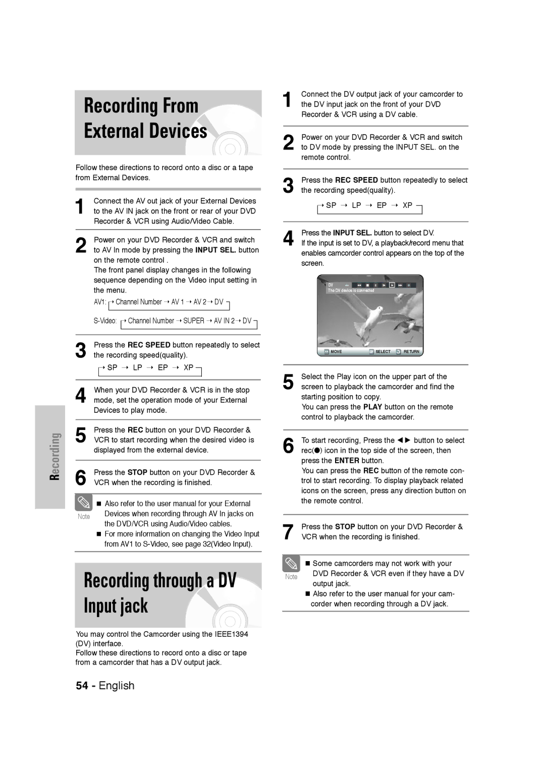 Samsung DVD-VR320 Recording From External Devices, Press the REC Speed button repeatedly to select, Recording speedquality 