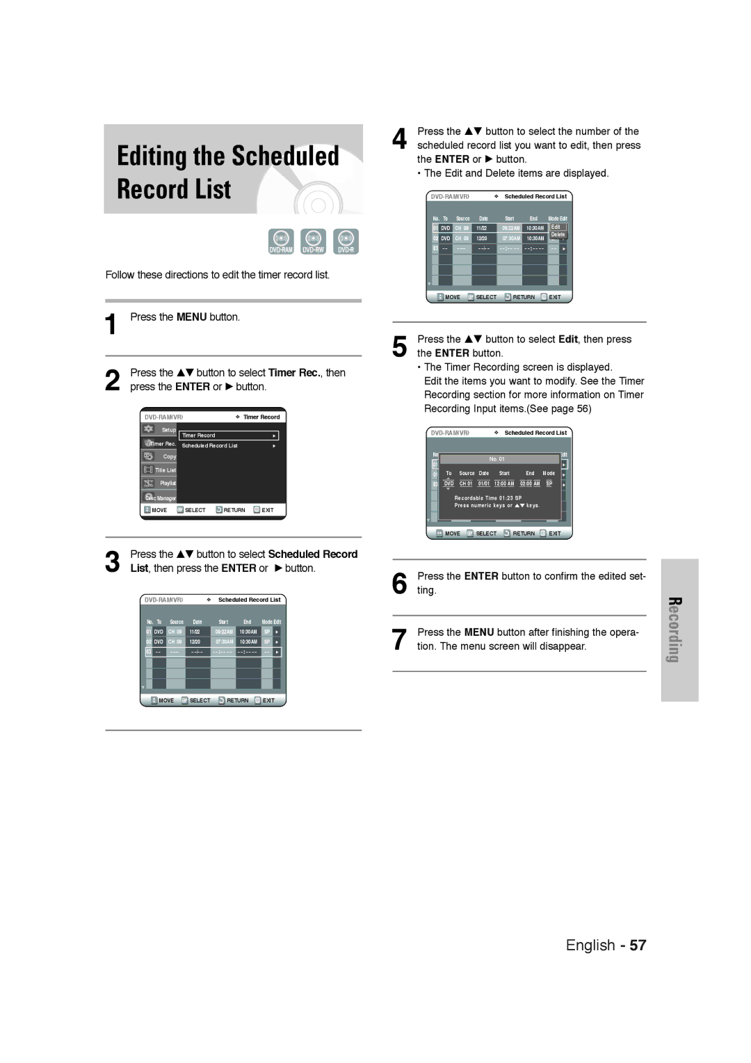 Samsung DVD-VR320 instruction manual Press the …† button to select Scheduled Record, List, then press the Enter or √ button 