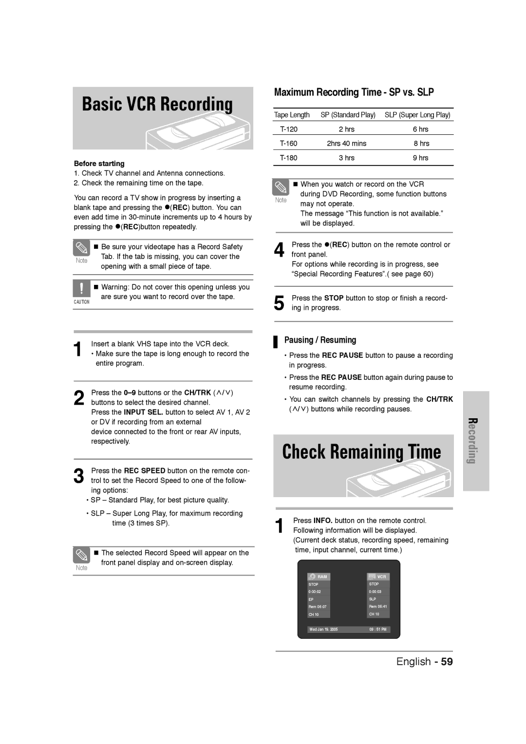 Samsung DVD-VR320 instruction manual Maximum Recording Time SP vs. SLP, Before starting 