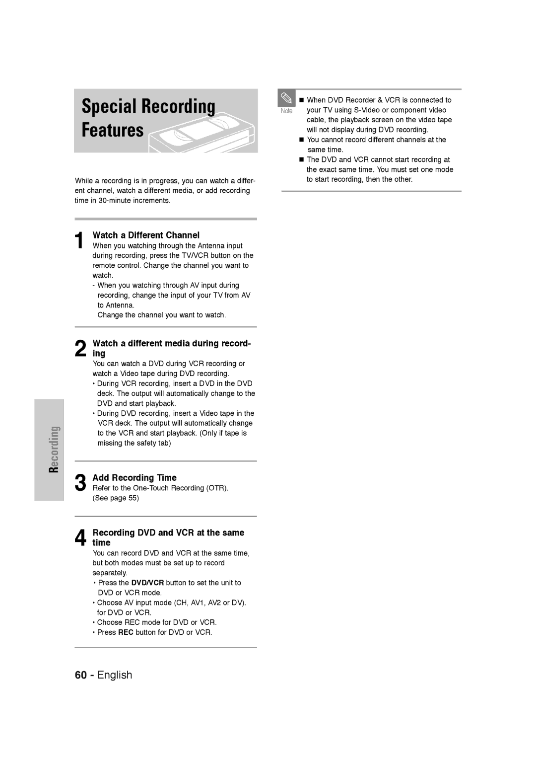 Samsung DVD-VR320 instruction manual Special Recording, Features 